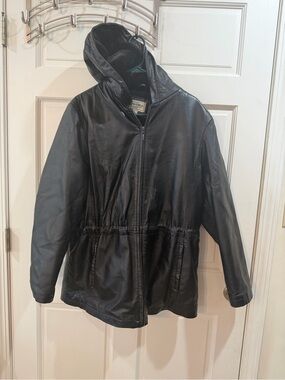 Sonoma Black Fuzzy Hooded Leather Jacket Size Large